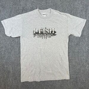 Y2K Montana Fishing Graphic T-Shirt Mens Medium Grey I Fish Voices Head Tee